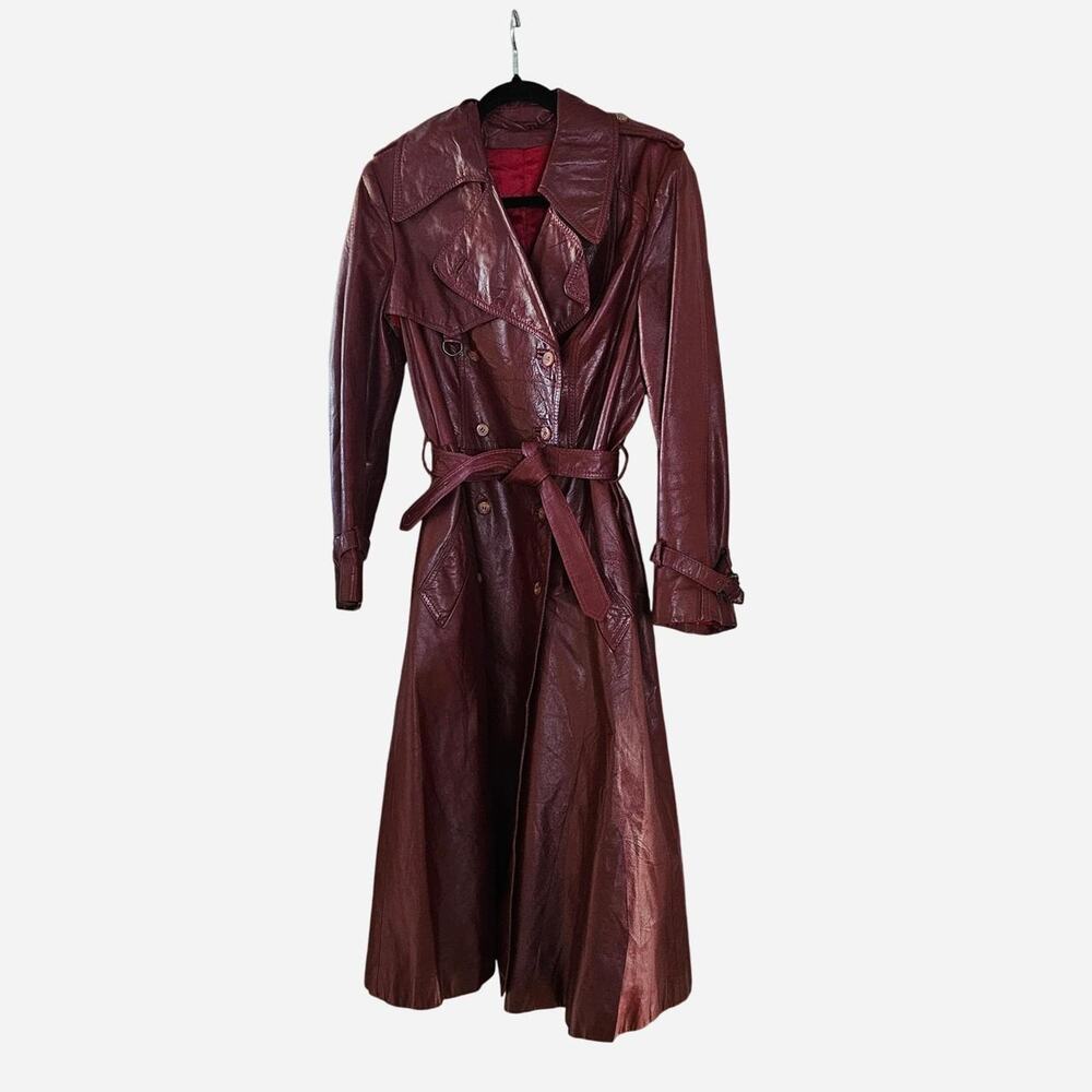 Long Red Leather Jacket Vinage 60s 70s Burgundy Large Trenchcoat